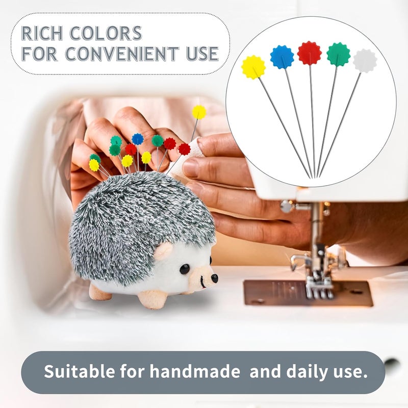 FTEVEN 100 Pieces Flat Head Straight Pins Hedgehog Pincushion Kit, Big Pincushion with Clear Storage Box and Quilting Pins, Colorful Head Straight Sewing Pins for Handicrafts DIY Sewing - Image 5